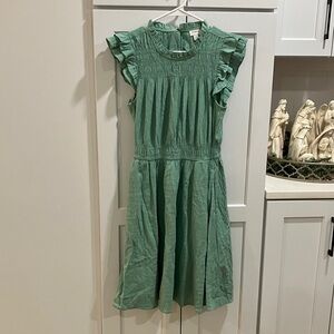 J. Crew Women's Green Sleeveless Smocked Ruffle Cotton Stretch Lined Midi Dress